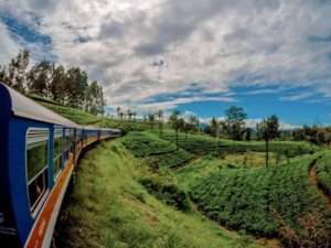 Blue train passing through lush green hills on a scenic ride from Ella, Sri Lanka