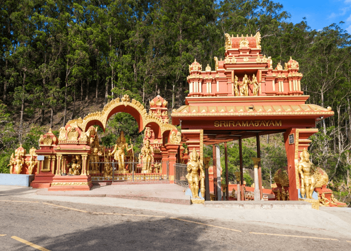 Seetha Amman Temple surrounded by greenery in Sita Eliya, a significant Ramayana site in Sri Lanka