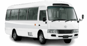 Toyota Coaster bus with driver and coordinator in Sri Lanka