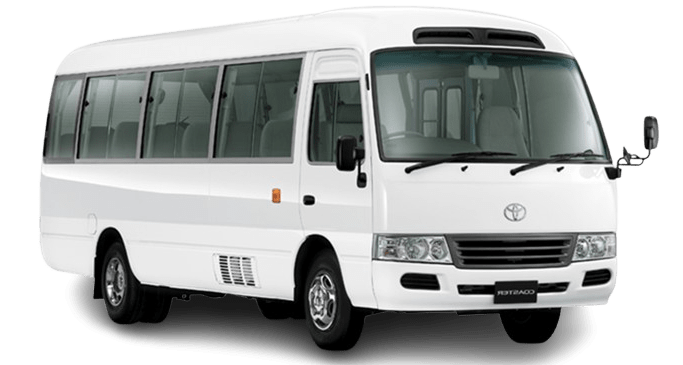 Toyota Coaster bus with driver and coordinator in Sri Lanka