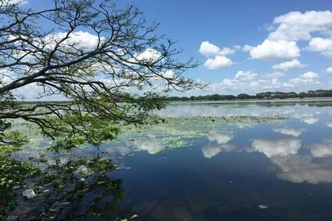 Tissa Wewa tank in Anuradhapura reflecting blue sky and clouds