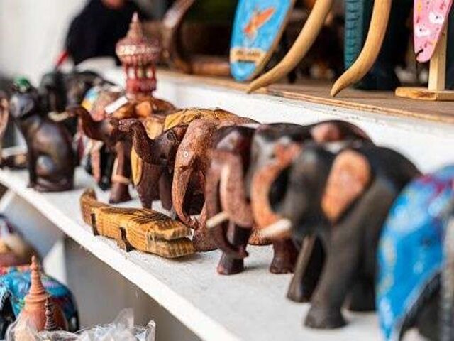 Wooden handicraft items displayed at a local market in Kandy Sri Lanka