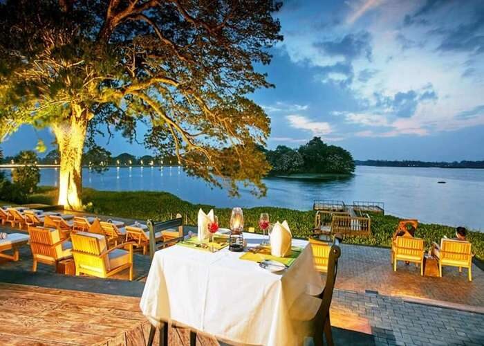 Nighttime lakeside dinner at EKHO Safari Tissamaharama Hotel Sri Lanka