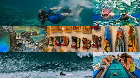 Collage of things to do in Hikkaduwa Sri Lanka including surfing, snorkeling, glass-bottom boat ride, and shopping