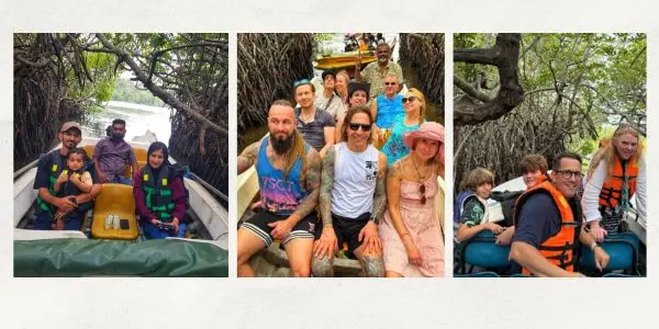 Guests on a boat safari exploring the Madu River mangroves and islands near Bentota Sri Lanka