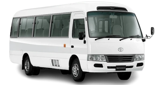 Toyota Coaster bus with driver and coordinator in Sri Lanka